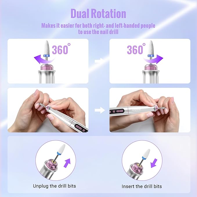 Cordless Electric Nail Drill Machine, 13 in 1 Nail File Kit 35000RPM Professional Portable Rechargeable E File for Acrylic Polish Gel Removal Manicure Pedicure Set with 5 Speeds DN-2402
