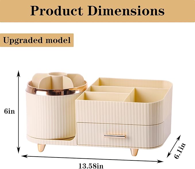 Rotating Makeup Organizer for Vanity with Brush Holder and Drawer, Cosmetic Makeup Storage, Large Spinning Makeup Skincare Organizer, Countertop Makeup Perfume Organizer, Lotions Display Case (Ivory)