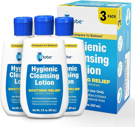 Globe (3 Pack Hygienic Cleansing Lotion for Men and Women -Discomfort, Pain & Itch Relief for Sensitive Areas, Cooling, Non-Irritating Gentle Personal Care Cleanser, Convenient for Travel, 3oz Bottle
