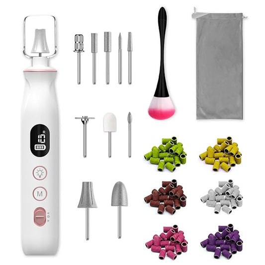 Cordless Electric Nail File Set, 10 Speeds Professional Manicure Pedicure Kit with LED Light & LCD Screen, Portable Nail Drill for Natural & Acrylic Nails, Human & Pet Thick Toenails (White)