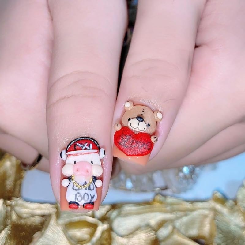 3D Acrylic Valentine Bear Character Nail Art Charms Handmade by Acrylic Powder - 24pcs Flowers Nail Rhinestones Kit 3D Crystal Nail Pearls Design Acrylic Nail Art for Women (Valentine)