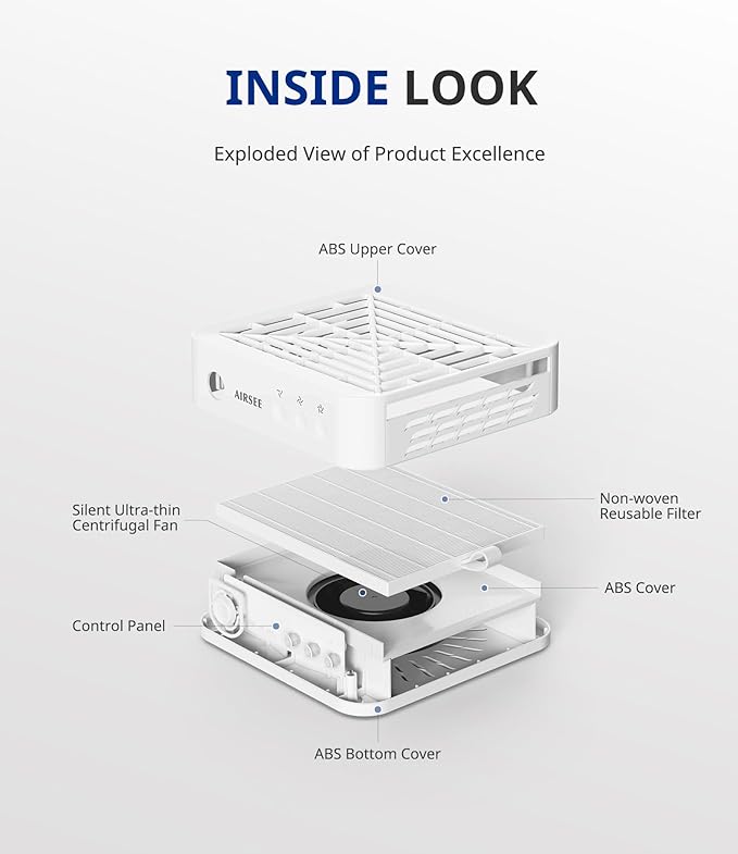 AIRSEE GD3 Nail Dust Collector for Salon and Home Use,Powerful and Quiet Manicure Vacuum for Acrylic Gel Nail Polishing with Reusable Filter,3-Speed Adjustable Extractor Fan,White