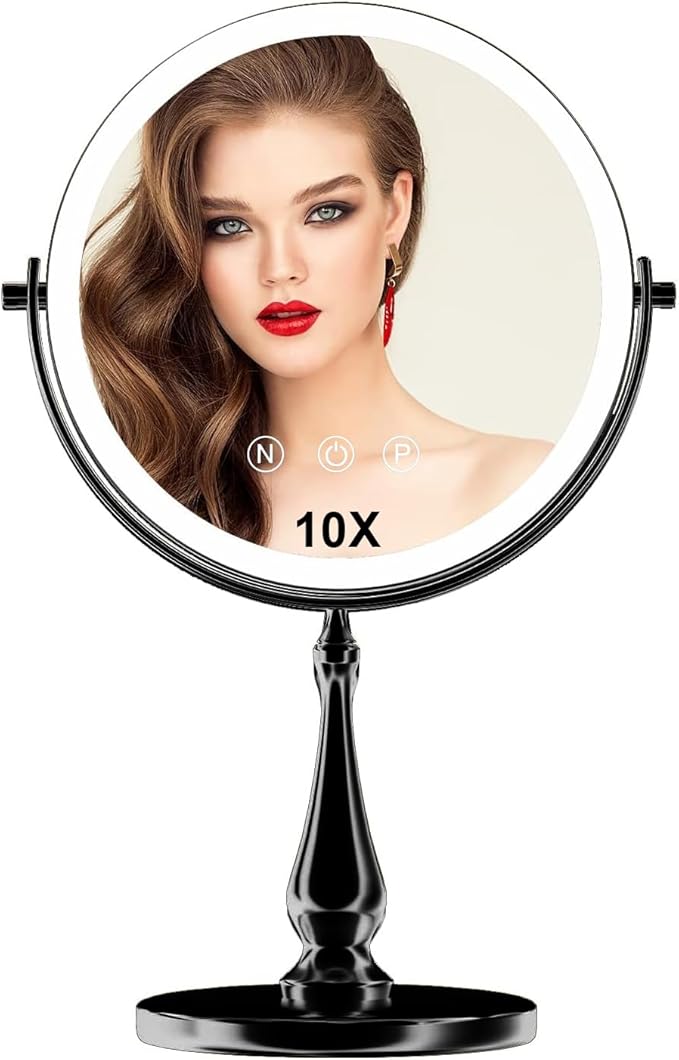 9 "Large Light Makeup Mirror, 1x / 10x True HD Magnifying Mirror, 3-Color LED Light dimmable, 2 Rechargeable Makeup Mirrors 360° Rotation, Standing Desk Makeup Mirror, Black