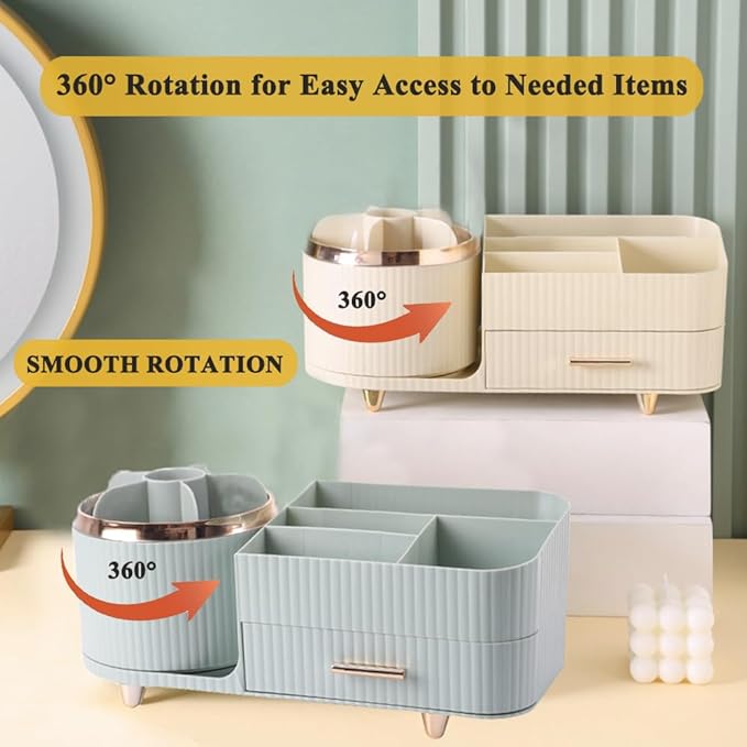 Makeup Organizer Countertop with Drawer 360 Rotating Brush Holder Storage Large Capacity Skincare Cosmetic Display Cases for Vanity Bathroom Desktop, Model 3016 Green