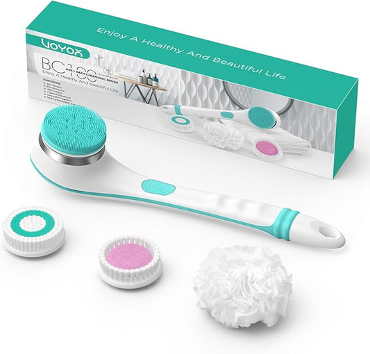 VOYOR Electric Body Brush Back Scrubber for Shower Rechargeable Exfoliating Bath Brush Powered Shower Brush with Non-Slip Long Handle Deep Cleansing, Exfoliation, Massaging Spin Brush BC100 (Blue)