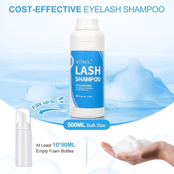 Eyelash Shampoo Cleanser 500ml, Natural Plant Ingredients, 17 Fl Oz, Shampoo Salon and Home Care, Cleansing, Alcohol Free, Paraben Free, Unscented Hydrosol