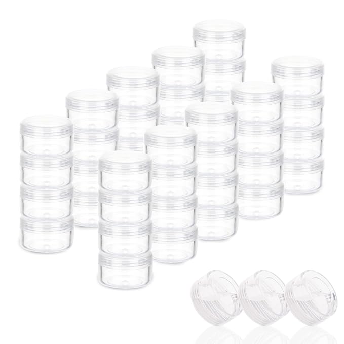 ZEJIA 5 Gram Sample Containers with Lids, Mini Makeup Containers, Empty Plastic Travel Cosmetic Containers with Labels(50 Count, Clear Lid)