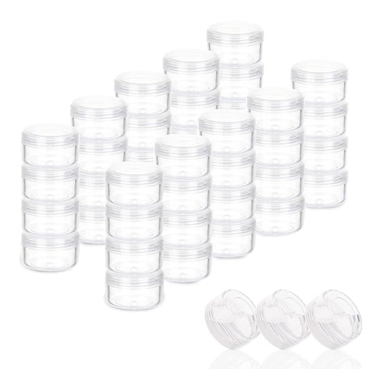 ZEJIA 5 Gram Sample Containers with Lids, Mini Makeup Containers, Empty Plastic Travel Cosmetic Containers with Labels(50 Count, Clear Lid)