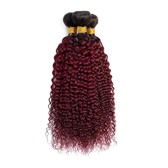 Ombre 1B99J Deep Curly Weave Bundles Human Hair Burgundy Curly Hair Bundles Black to Burgundy Human Hair two tone Brazilian Weave Wet and Wavy for Woman 16-20 Inch
