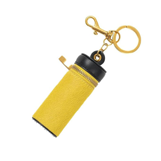 Cackatoo Genuine Leather Horsehair Lipstick Case with Keychain - Portable Travel Organizer for Lipstick and Chapstick - Stylish Key Chain Accessory for Women (Sallow/Black)