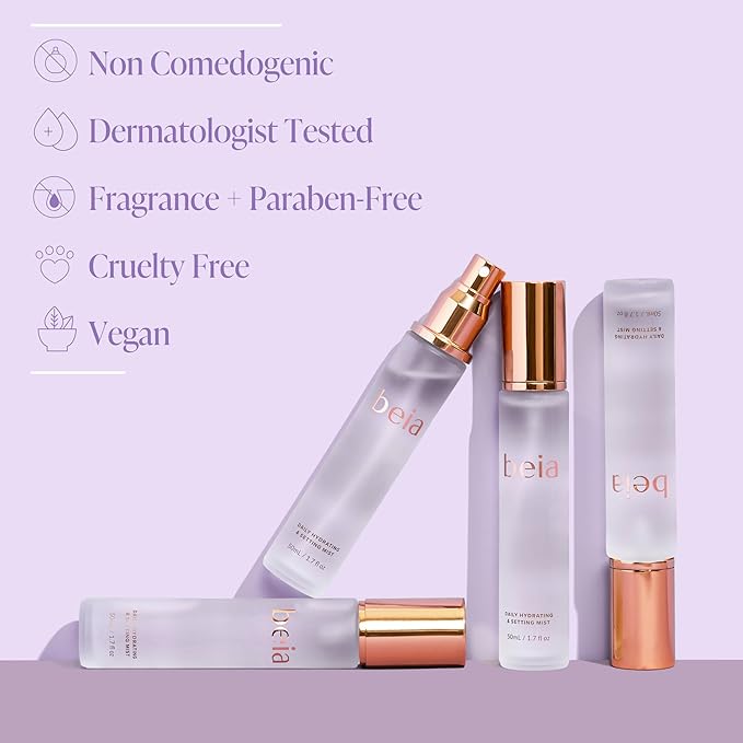 Beia Setting Spray with Hyaluronic Acid for Sensitive Skin - Hydrating Face Mist for Early Morning & Post Shower Glow - Moisturizing Finishing Spray for Makeup - Non Comedogenic Travel Size 1.7 Fl Oz