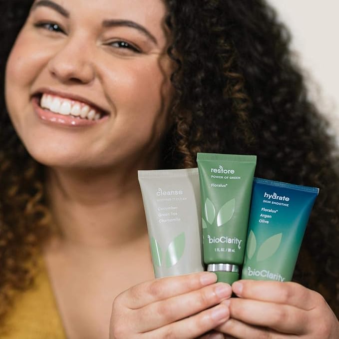 BioClarity 3-Step Essentials Skin Care Routine for Normal and Oily Skin Types | Cleanse, Restore, Moisturize, Hydrate | 100% Clean Vegan Ingredients | Full Size