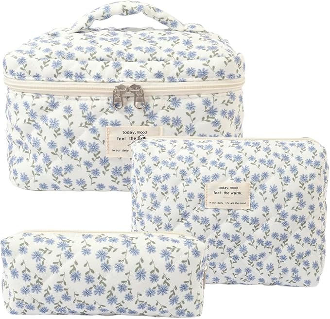 3Pcs Makeup Bag Cotton Quilted Travel Cosmetic Bag Cute Floral Makeup Pouch Large Toiletry Bag for Women Girls (Flowers-Blue)