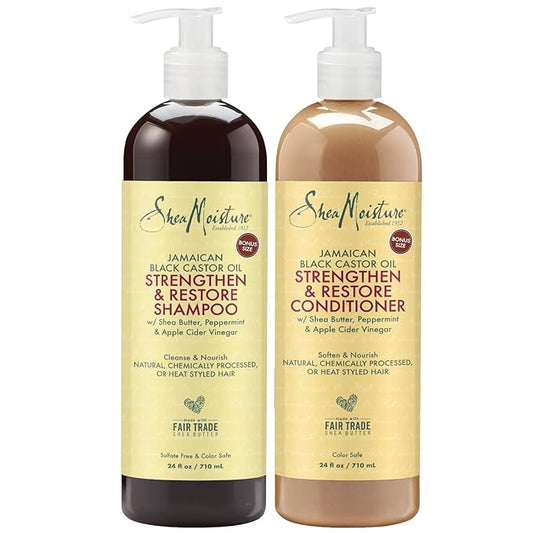 Shea Moisture Jamaican Black Castor Oil Curly Hair Set with Shea Butter - Strengthening Shampoo, Conditioner, and Growth Treatment for Healthy Hair (24 Fl Oz Each)
