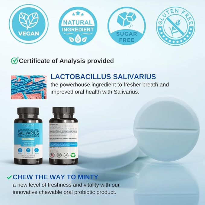 Lactobacillus Salivarius Oral Probiotics - Mouth Bad Breath Treatment for Adults, Dental probiotics for Teeth and Gums, Throat, Ear, Nose - 45 Chewable Mint Tablets