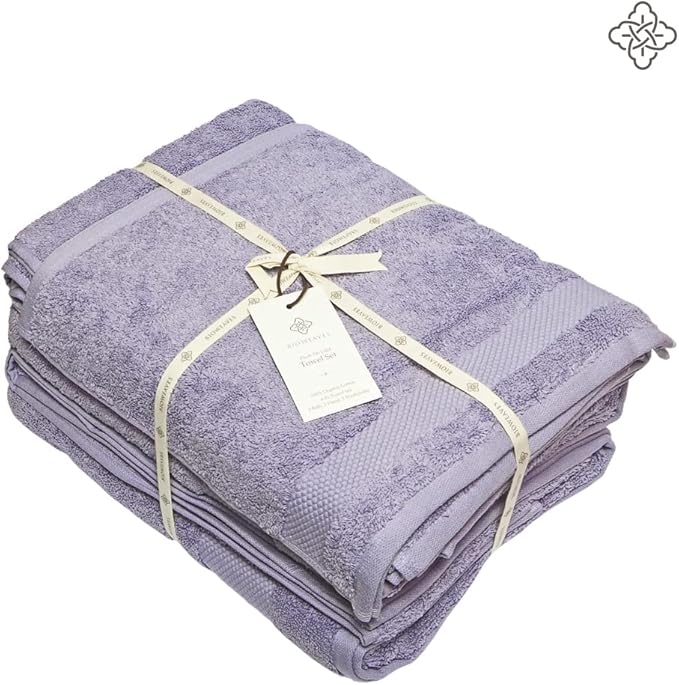 BIOWEAVES 100% Organic Cotton 6-Piece Luxury Bathroom Towels Set GOTS Certified 700 GSM, 2 Bath Towels, 2 Hand Towels & 2 Wash Cloths - Lavender