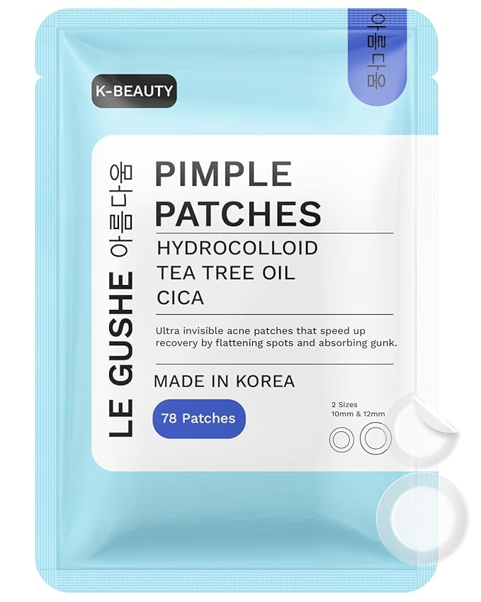 LE GUSHE Korean Pimple Patches for Face (78 Dots) - Hydrocolloid Acne Patches with Tea Tree Oil - Invisible Zit Stickers - Dermatologist Tested - Korean Skin Care