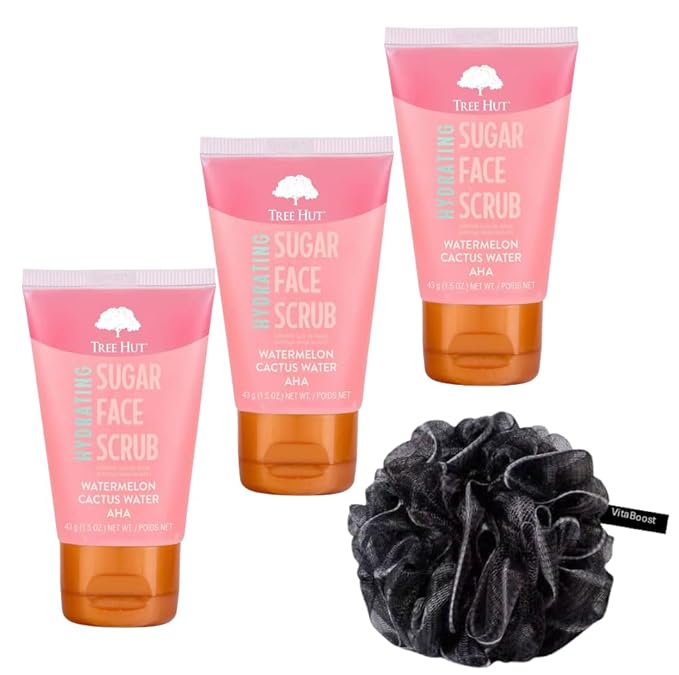 Watermelon & Cactus Hydrating Face Scrub – 1.5 fl oz, Deep Pore Cleanser with AHA, Exfoliates Skin & Impurities, Vegan & Free of Parabens & Sulfates, VitaBoost™ Loofah (Pack of 3, Watermelon & Cactus)