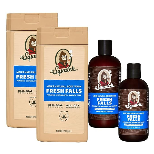Dr. Squatch NEW Natural Body Wash and Hair Kit for Men Gift Set | No Paraben, Phthalate, Sulfate | Fresh Falls Body Wash (14 oz, 2-Pack), Shampoo (8 fl oz) & Conditioner (11.5 fl oz)