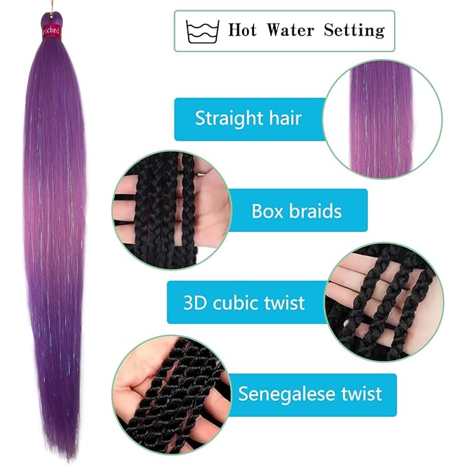 Upgraded Braiding Hair Extension Mix Tinsel, Pre Stretched Braiding Hair for Braiding Twist Braids Itch Free Hot Water Setting Yaki Straight Synthetic Hair