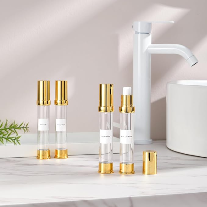 Golden Airless Pump Bottle Travel Set with Box Refillable Empty Cosmetic Pump Bottle Vacuum Bottles for Liquids Such as Hand Soap,Toner,Foundation,Hair Oil,Lotion and Cream(1oz/30ml,4 Pack)