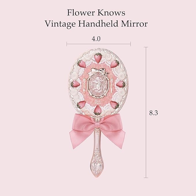 Flower Knows Strawberry Cupid Hand Mirror,Portable Vintage Handheld Mirror,Durable Metal Mirror,Cute & Aesthetic Princess Mirror,with Long Handle for Easy Holding,Gift for Girls(Milk Pink)