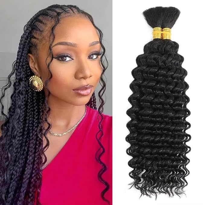 Human Braiding Hair 2 Bundles 100g 14 Inch Deep Wave Bulk Human Hair for Braid No Weft Curly Braiding Hair Bulk Curly Human Hair for Boho Braids 12A Brazilian Virgin Hair Extensions Natural Color