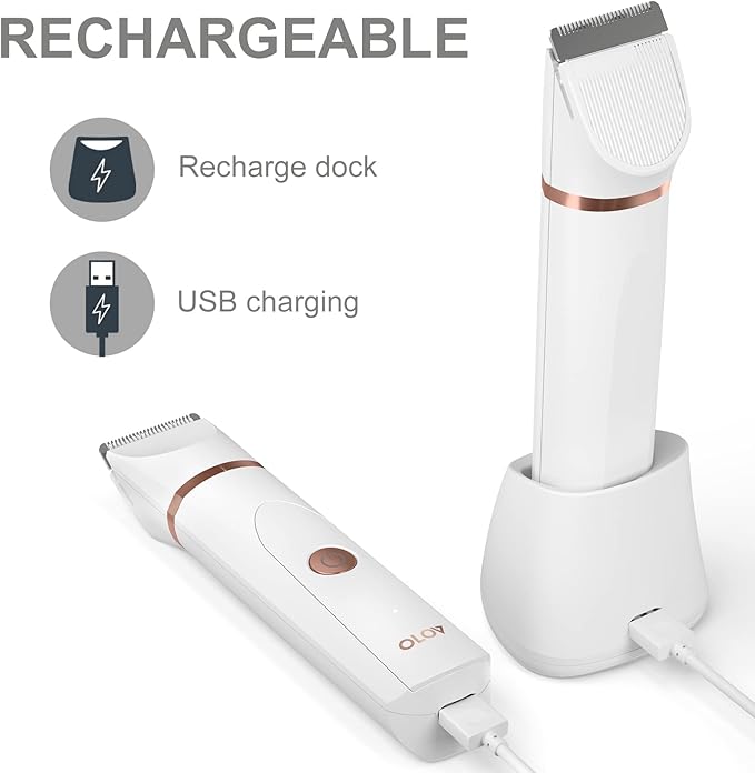 OLOV Electric Body Hair Trimmer - Groin Trimmer for Men - Bikini Trimmer Women - Wet/Dry Shaver Groomer, Replaceable Ceramic Blade Heads, USB Recharge Dock, Waterproof Hygiene Razor, White