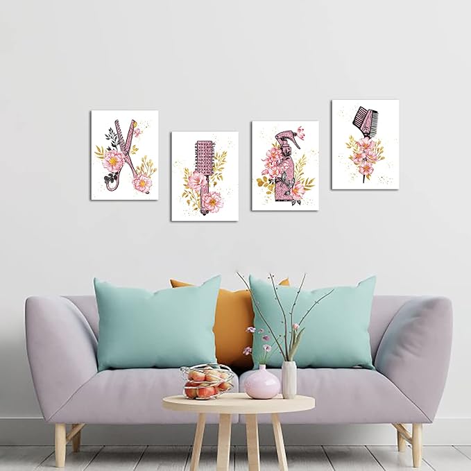 SkenoArt Beauty Salon Wall Art Haircut Tools Painting Hair Salon Barbershop Pictures Hairdresser Wall Decor Fashion Cosmetic Canvas Art Painting Gifts for Hair Stylists Woman Framed