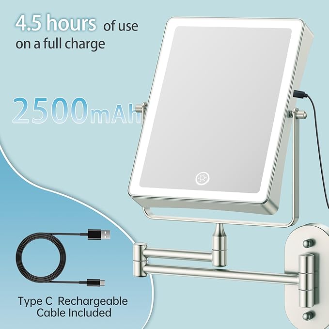 FASCINATE Rechargeable Wall Mounted Makeup Mirror with Lights, Bathroom Mirror Rectangle 8.7 Inch Double Sided 1X 10X Magnifying Mirror with 3 Color Setting Extended Arm 360° Swivel Foldable Bronze