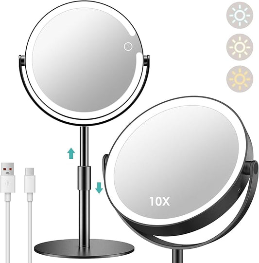 Lighted Magnifying Mirror 10X 1X Magnification, Double Sided Makeup Mirror, Rechargeable LED Beauty Mirror with 3 Color Setting, Adjustable Height Vanity Desk Mirror, Matte Black
