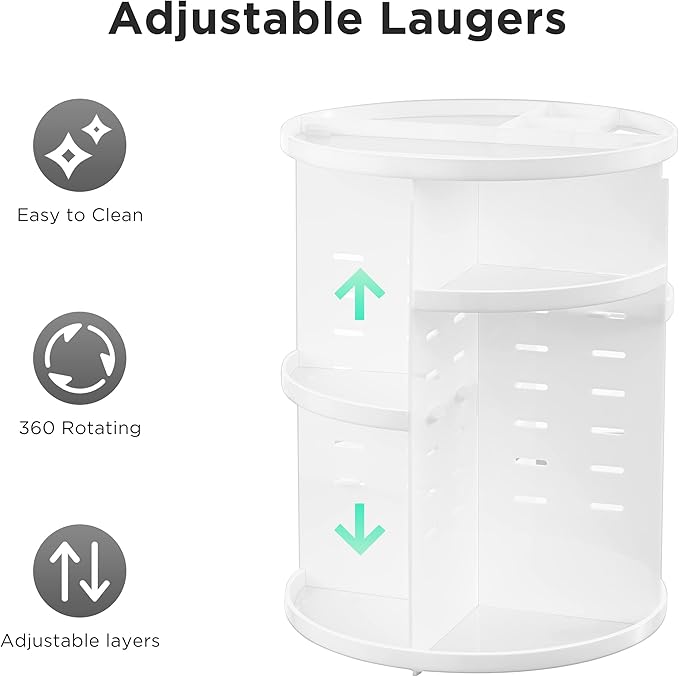HBlife 360 Rotating Makeup Organizer Adjustable Carousel Large Capacity Revolving Perfume Organizer Skincare Organizers Cosmetic Storage Spinning Holder for Vanity, White