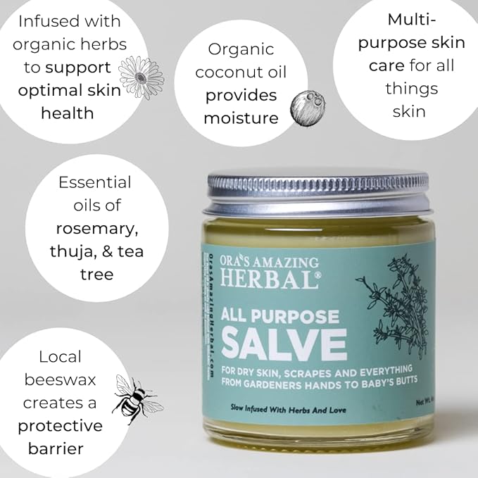 Ora's Amazing Herbal All Purpose Salve, Herbal Healing Skin Balm with Tea Tree, Natural Cream for Dry Cracked Hands, Comfrey Calendula Plantain Thyme Beeswax, Soothing Itch Relief, 4 oz