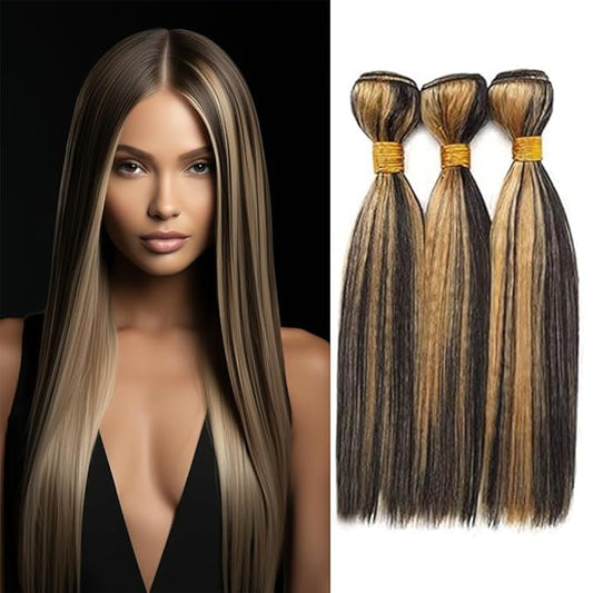 Ombre P1B27 With Highlights Human Hair Straight Bundles Black and Blonde Straight Bundles Human Hair two tone Brazilian Soft and Silky for Black Women 8 10 12 Inch