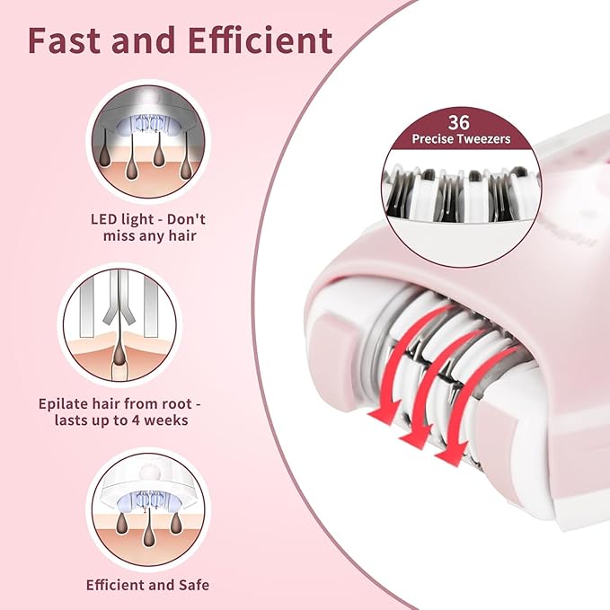 Epilator Hair Removal for Women, 2 Speeds Facial Hair Removal, Rechargeable for Face Arm Bikini Area Legs Underarm, Painless Electric Lady Shaver & Trimmer, Portable