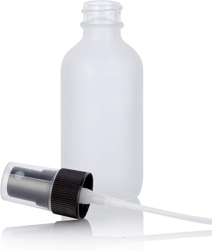 JUVITUS 2 oz Frosted Clear Glass Boston Round Bottle with Black Mist Spray (12 Pack) for Cosmetics, serums, Carrier and Essential Oils, Aromatherapy