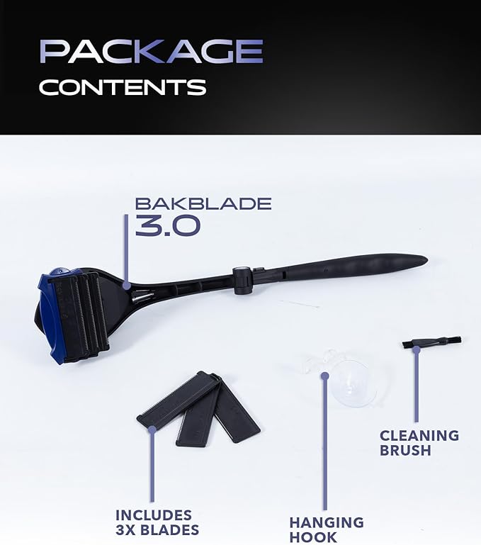 BakBlade 3.0 Stealth - Back Shaver for Men, Extra Long 23" Ergonomic Handle for a Close, Pain-Free Shave, The Ultimate Back Hair Trimmer for Men, +3 Extra Back Blade Refills