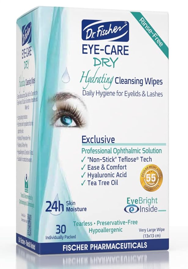 Dr. Fischer Tea Tree Eyelid Wipes for Dry Eyes - Gentle Eye Wipes for Everyday Eye Conditions and Hypoallergenic Makeup Remover (60 Wipes)