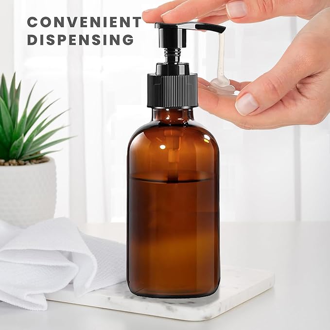 4 Pack 8 oz Amber Glass Pump Bottles, Boston Round Bottles with Pumps for Lotion, Soap, Massage Oils, Refillable Containers with Caps