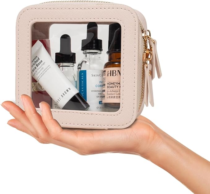 Small Makeup Bags for Purse TSA Approved Toiletry Bag Small Cute Clear Toiletry Bags for Carry-on Traveling Travel Size Car Accessories Essentials Organziation Storage for Women Girls(Off White, Mini)