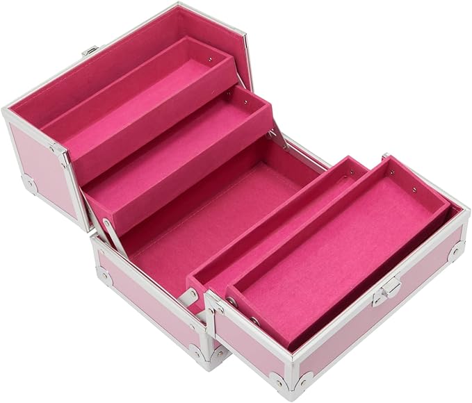 Pink Makeup Train Case with Lock and 2 Keys, 3-Tier Cosmetic Storage Box