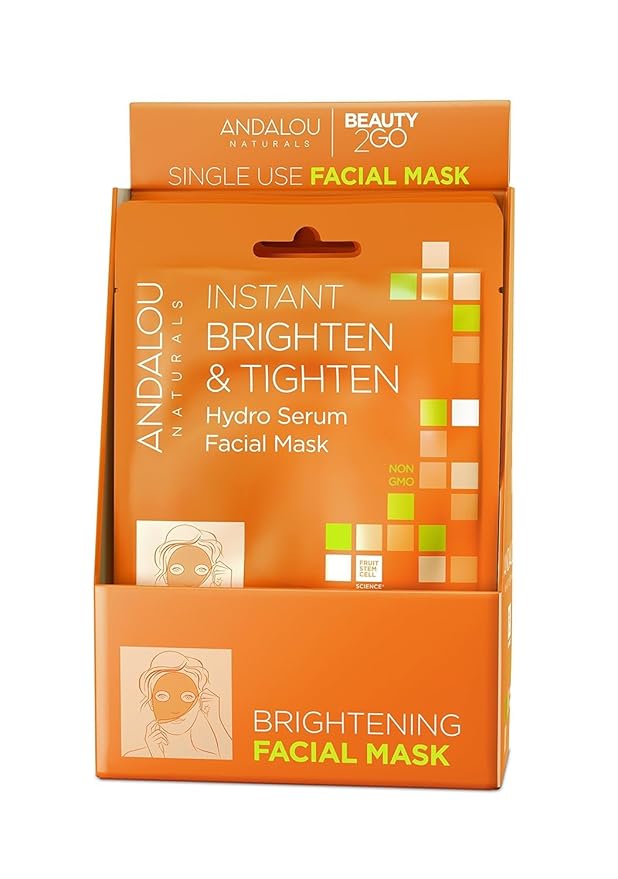 Andalou Naturals Instant Brighten and Tighten Hydro Serum Facial Mask, Single Face Mask, 0.6 Ounce (Pack of 6)
