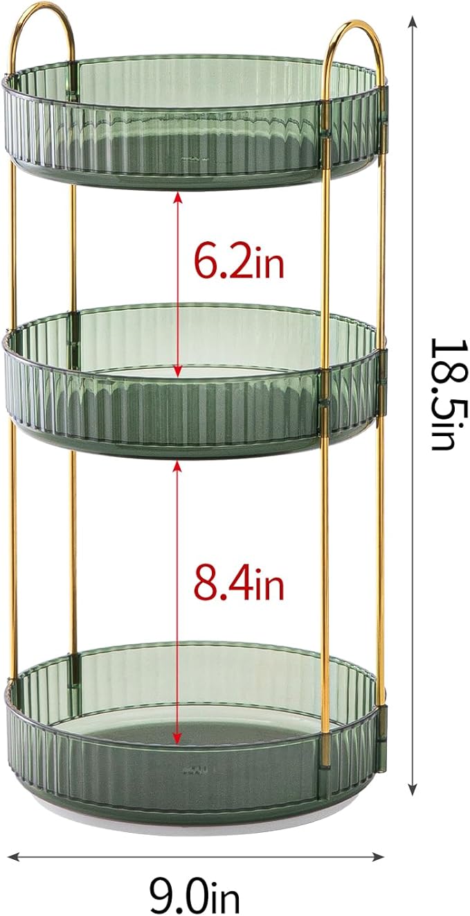 360° Rotating Makeup Organizer for Vanity - 3 Tier Perfume Organizer with Large Capacity - Skincare Organizer for Bathroom Counter - Space-Saving Cosmetic Storage for Dresser Countertop (Green)