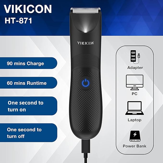 VIKICON Manscape Trimmer for Men - No Nicks Electric Razor-Shaver for Balls/Pubic/Groin/Legs/Chest Hair Removal w/Light & Ceramic Blade, IPX7 Waterproof Body Groomer USB-C Charging, Gifts for Him Dad