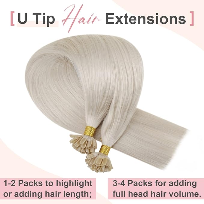 Easyouth U Tip Hair Extensions Human Hair Blonde Utips Hair Extensions White Blonde Pre Bonded Hair Extensions Real Human Hair Blonde #1000 20Inch 50set 50g