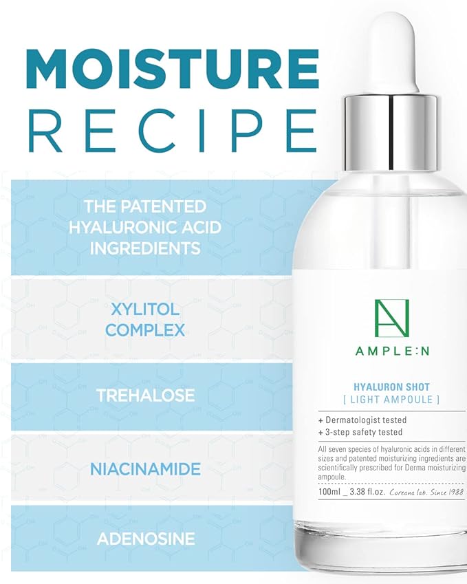 AMPLE:N Hyaluron Shot Light Serum - Korean Hyaluronic Acid Moisturizing Serum - Hydrate Oily and Combination Skin and Restore Vitality – Plumping, Refreshing, Anti Aging Ampoule, 3.38 fl.oz.