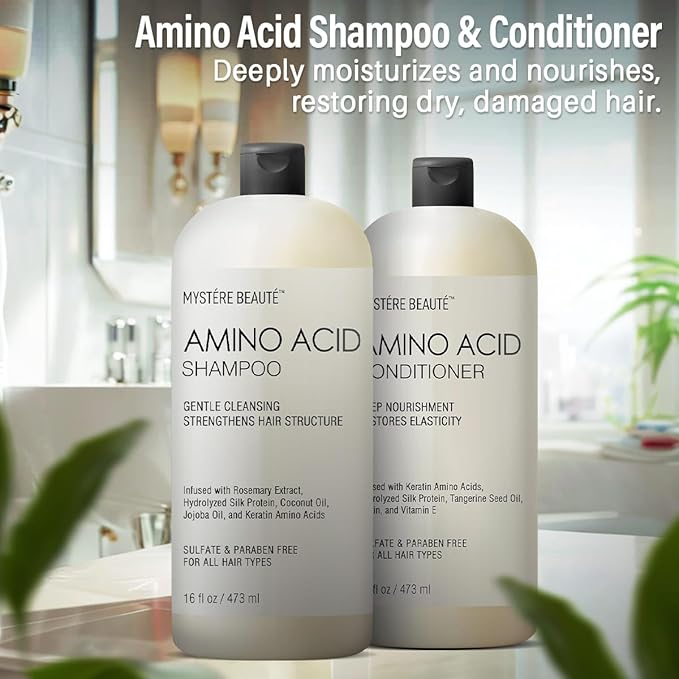 Amino Acid Shampoo and Conditioner Set for All Hair Types | Nourishing Amino Acid Hair Shampoo with Vitamin E & Jojoba Oil for Frizz Control & Shine Moisturizing Amino Acid Conditioner - 16 fl oz each