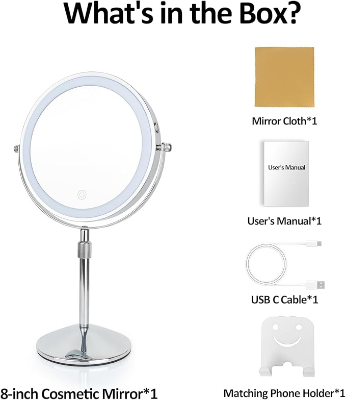 8" Makeup Mirror with Lights, Rechargeable 1x/10x LED Lighted Magnifying Mirror with 3 Colors, 360° Rotation Rechargeable Double Sided Mirror, Touch Dimming, Adjustable Height