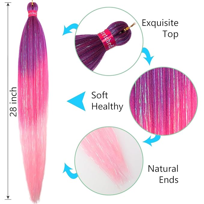 Upgraded Braiding Hair Extension Mix Tinsel, Pre Stretched Braiding Hair for Braiding Twist Braids Itch Free Hot Water Setting Yaki Straight Hair