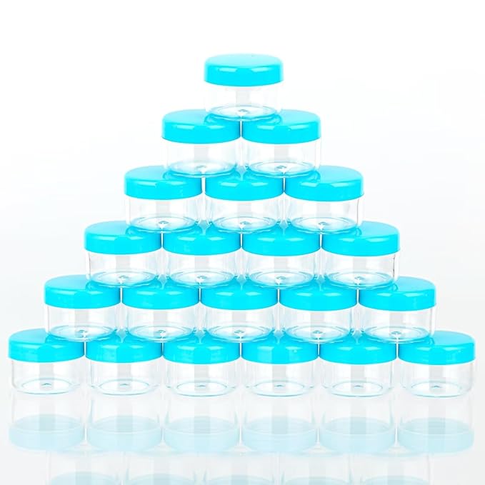 ZEJIA 5 Gram Sample Containers with Lids, Mini Makeup Containers, Empty Plastic Travel Cosmetic Containers with Labels(25 Count, Blue Lid)